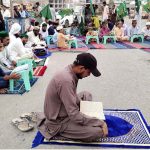Workers of Jamaat Ahle Sunnat busy in reciting Holy Quran during protest demonstration at jinnah bagh chowk against the burning of Holy Quran outside a Stockholm Mosque in Sweden.