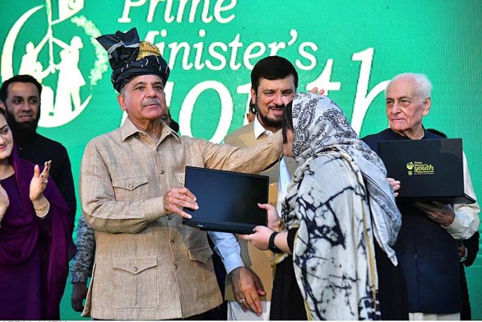 Prime Minister Muhammad Shehbaz Sharif distributes laptops on merit basis among high-achieving students under the Prime Minister's Youth Laptop Scheme 2023