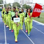 Women Players of range during the march past in the opening ceremony of Prime Minister’s talent hunt youth sports league at Public School Ground
