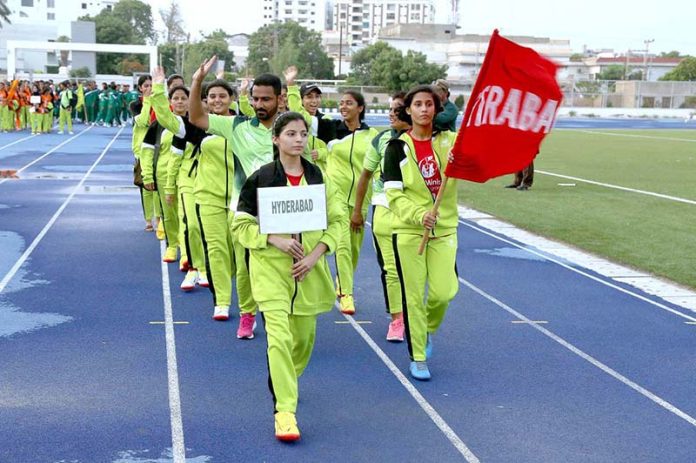 Women Players of range during the march past in the opening ceremony of Prime Minister’s talent hunt youth sports league at Public School Ground