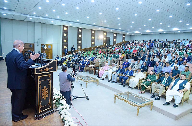 Prime Minister Muhammad Shehbaz Sharif addressing during the ceremony of the launching of Prime Minister's Initiative for Sports