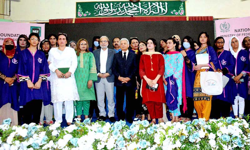 Federal Minister for Education, Professional Training, Rana Tanveer Hussain in a group photograph with participants during the launching ceremony of Inclusive Learning Center at IMS for boys G-11/2