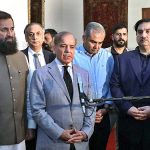 Prime Minister Shahbaz Sharif talking with media persons after inaugurating various development projects