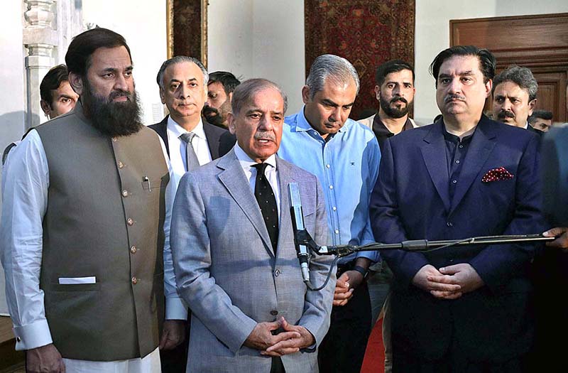 Prime Minister Shahbaz Sharif talking with media persons after inaugurating various development projects