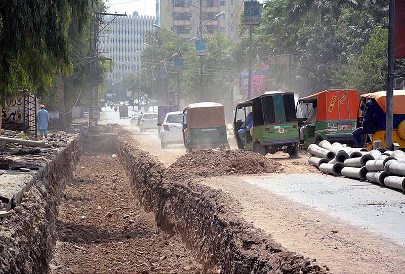 View of excavation work is under way along the roadside at Sher Shah Suri Road
