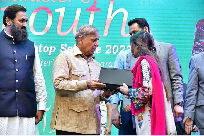 Prime Minister Muhammad Shehbaz Sharif distributes laptops among the high achievers of public sector universities under the PM's Youth Laptop Scheme at Bahauddin Zakaria University