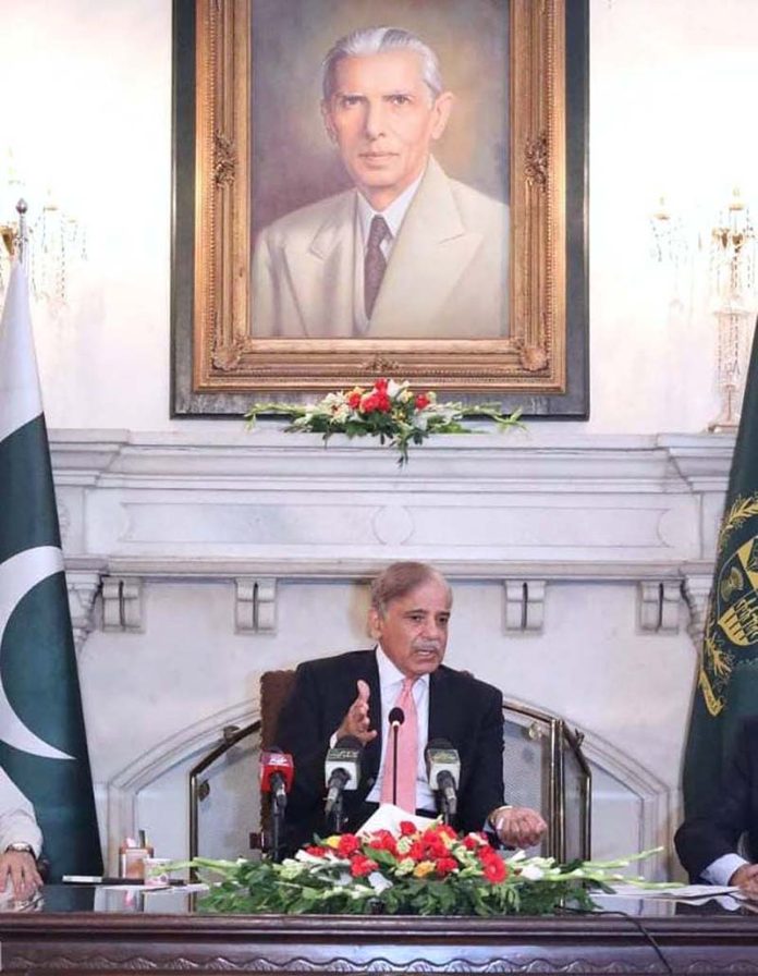 Prime Minister Shehbaz Sharif addresses a delegation of members of Lahore Chamber Of Commerce and renowned businessmen