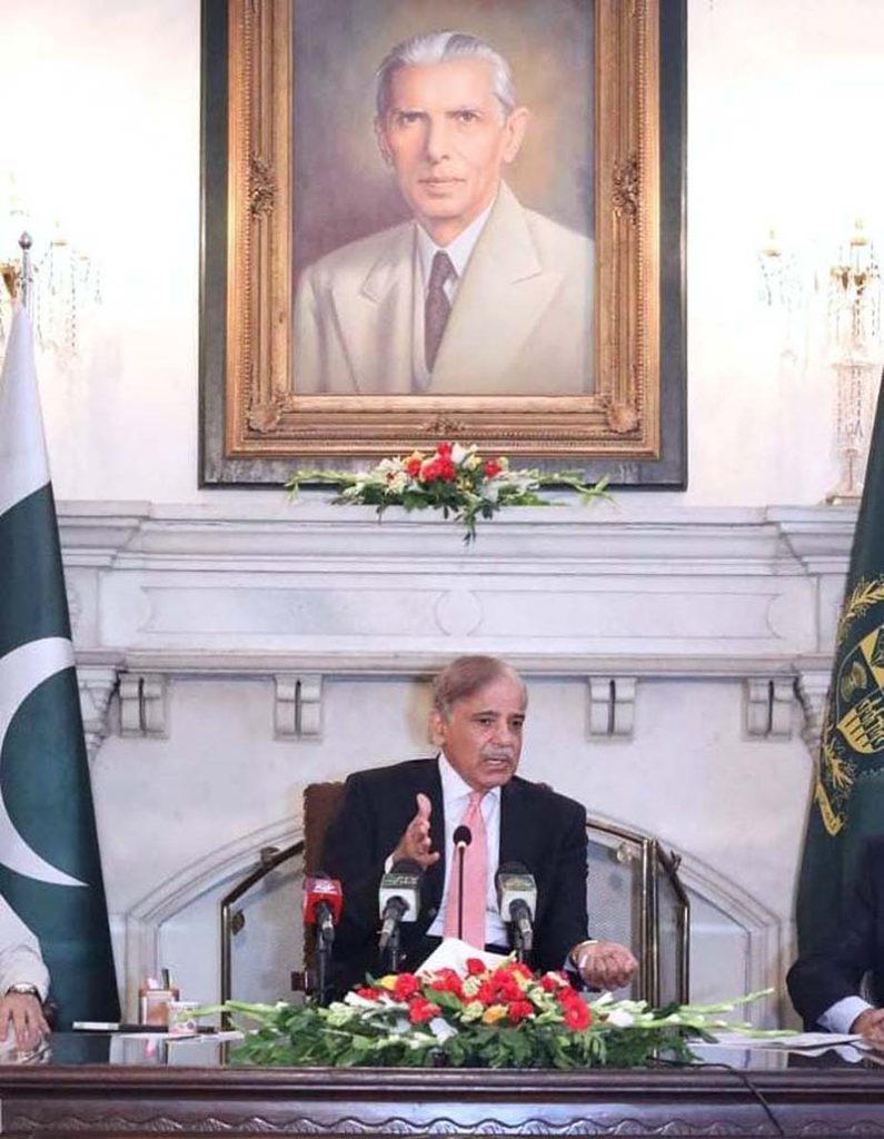 Prime Minister Shehbaz Sharif addresses a delegation of members of Lahore Chamber Of Commerce and renowned businessmen