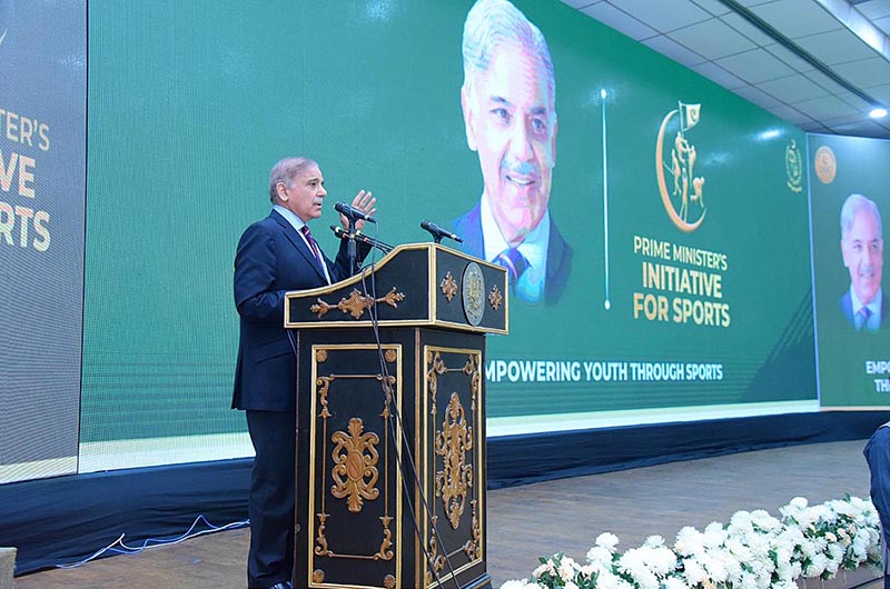 Prime Minister Muhammad Shehbaz Sharif addressing during the ceremony of the launching of Prime Minister's Initiative for Sports