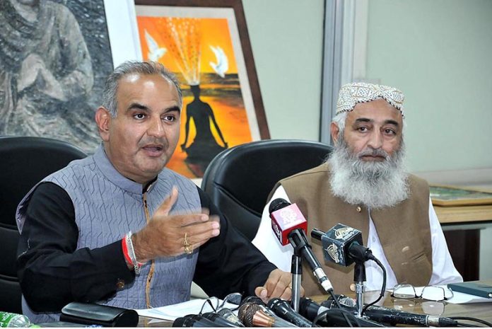 Dr. Ramesh Kumar vankwani Chairman /Minister of State Prime Minister's Task Force and Gandhara Tourism important press conference at Sir Syed Building 19 Atta Turk Avenue, G.5