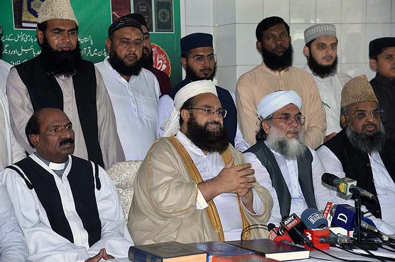 Special Assistant to the Prime Minister on Religious Harmony Maulana Tahir Ashrafi talking to media persons at Jamia Manzoorul Islamia