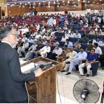 Mr. Ahsan Iqbal, Federal Minister for Ministry of Planning Development & Special Initiatives addressing to Public gathering during inauguration ceremony of Nisar Fatima Auditorium and Jamia Masjid UET