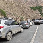 Massive traffic jam after land sliding near Shingus Paari at Juglot-Skardu Road (JSR)