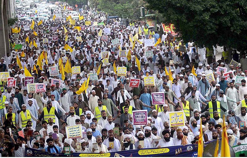 Jamia Rizwia ul Uloom holding a rally during Quran Sanctification Day outside press club as they protest against the burning of the Quran outside a Stockholm mosque that outraged Muslims around the world