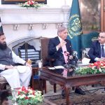 Prime Minister Shehbaz Sharif addresses a delegation of members of Lahore Chamber Of Commerce and renowned businessmen