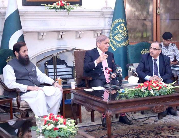 Prime Minister Shehbaz Sharif addresses a delegation of members of Lahore Chamber Of Commerce and renowned businessmen