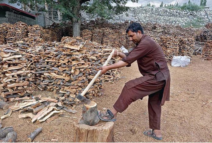 A vendor busy in cutting wood through Saw for selling purpose in upcoming winter seoson at his work place