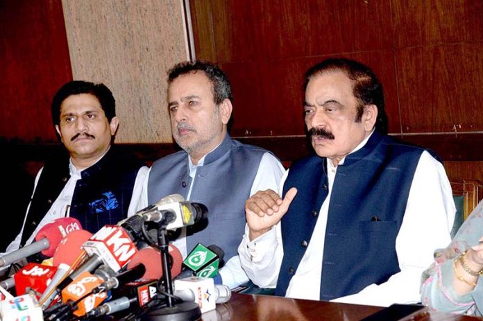 Federal Interior Minister Rana Sanaullah is addressing a press conference at 180 h Model Town