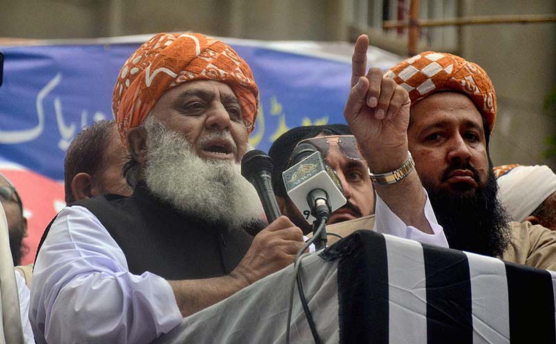 Jamiat Ulema-e-Islam (F) President Maulana Fazalur Rehman addresses a protest rally held in connection with desecration of holy Quran in Sweden outside Karachi Press Club