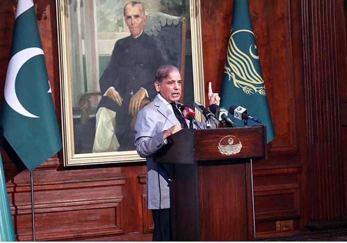 Prime Minister Muhammad Shehbaz Sharif addresses to the inaugural ceremony of various development projects