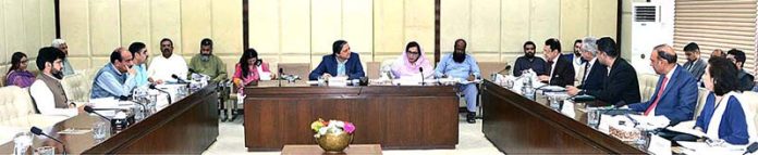 Senator Saleem Mandviwalla, Chairman Senate Standing Committee on Finance and Revenue presiding over a meeting of the Committee at Parliament House