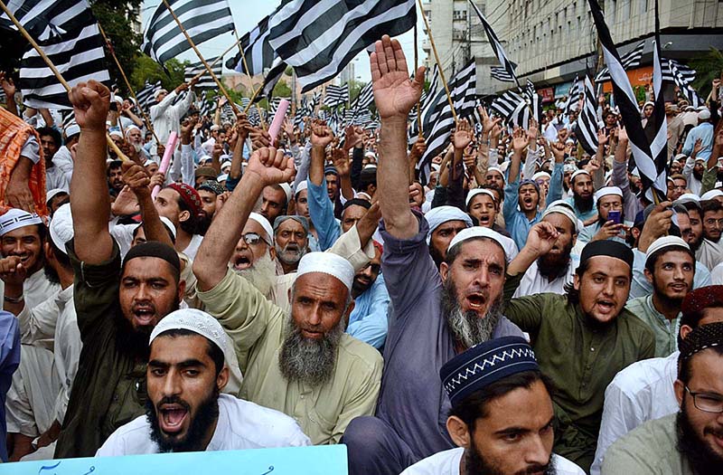 Jamiat Ulema-e-Islam (F) President Maulana Fazalur Rehman addresses a protest rally held in connection with desecration of holy Quran in Sweden outside Karachi Press Club