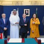 Prime Minister Muhammad Shehbaz Sharif UAE’s President-designate for COP28 Dr Sultan Ahmed Al Jaber , Federal Minister for climate change Ms Sherry Rehman displaying COP28’s wrist band as a display of commitment to climate change agency