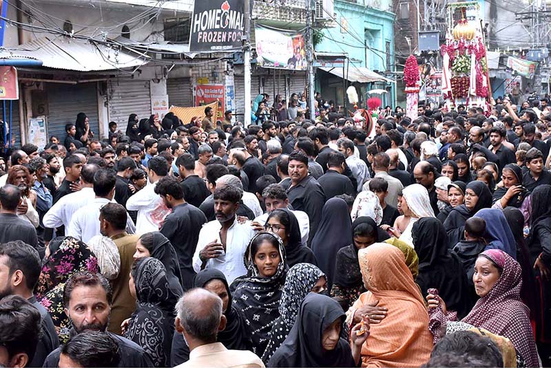 A large number of mourners attend the 10th Muharram procession to mark Ashoura. Ashoura is the commemoration marking the Shahadat (death) of Hussein (AS), the grandson of the Prophet Muhammad (PBUH), with his family members during the battle of Karbala for the upright of Islam