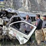 A view of wreckage hiace after plunged into deep near Nasirabad check post resulting 2 person died and 8 persons injured