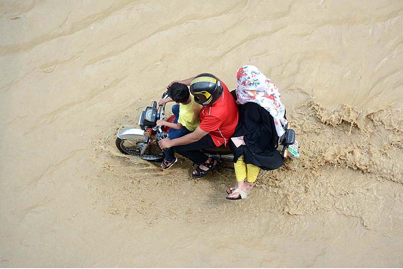 After heavy rain in the city, water has accumulated in the under-construction Samanabad Underpass
