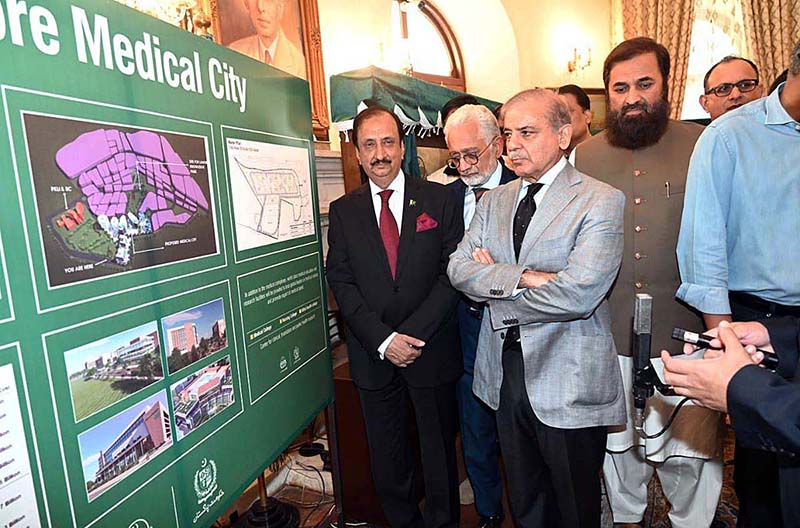 Prime Minister Muhammad Shehbaz Sharif being briefed about Lahore Medical City