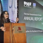 Federal Minister for Climate Change, Senator Sherry Rehman, addressing during the launching ceremony of Pakistan Humanitarian Forum (PHF) Annual Report-2022.