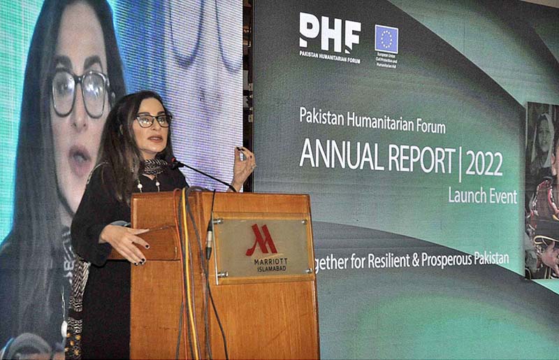 Federal Minister for Climate Change, Senator Sherry Rehman, addressing during the launching ceremony of Pakistan Humanitarian Forum (PHF) Annual Report-2022.