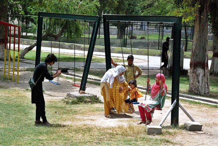 Children enjoying swing at zoo