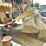 A hard-working broom seller is attracting customers by displaying brooms at his workplace