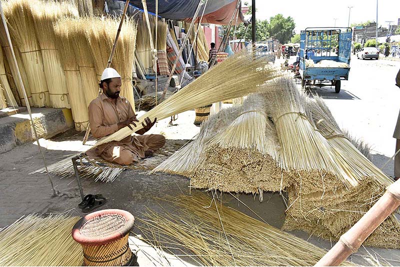 A hard-working broom seller is attracting customers by displaying brooms at his workplace