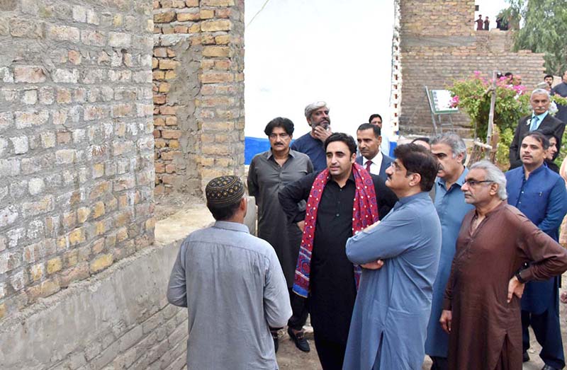 Chairman PPP and Foreign Minister Bilawal Bhutto Zardari inspects the houses built for the flood victims at village of Vikia Sangi
