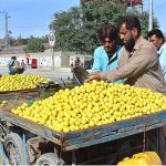 Man displaying lemons to attract customers at Vegetable market