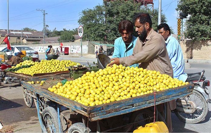 Man displaying lemons to attract customers at Vegetable market