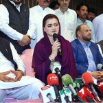 Federal Minister for Information and Broadcasting Ms. Marriyum Aurangzeb is talking to the media during his visit to the PBC building