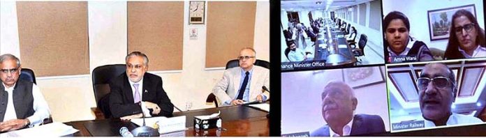 Federal Minister for Finance and Revenue Senator Mohammad Ishaq Dar chairs a meeting of the Steering Committee to Oversees the outsourcing of airports’ operations, at Finance Division