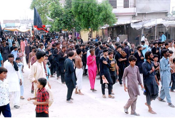 A large number of Shiite Muslims attend the 10th Muharram procession to mark Ashoura. Ashoura is the commemoration marking the Shahadat (death) of Hussein (AS), the grandson of the Prophet Muhammad (PBUH), with his family members during the battle of Karbala for the upright of Islam