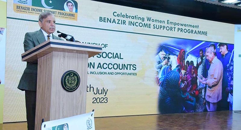 Prime Minister Muhammad Shehbaz Sharif addressing the launching ceremony of Benazir Social Protection Account
