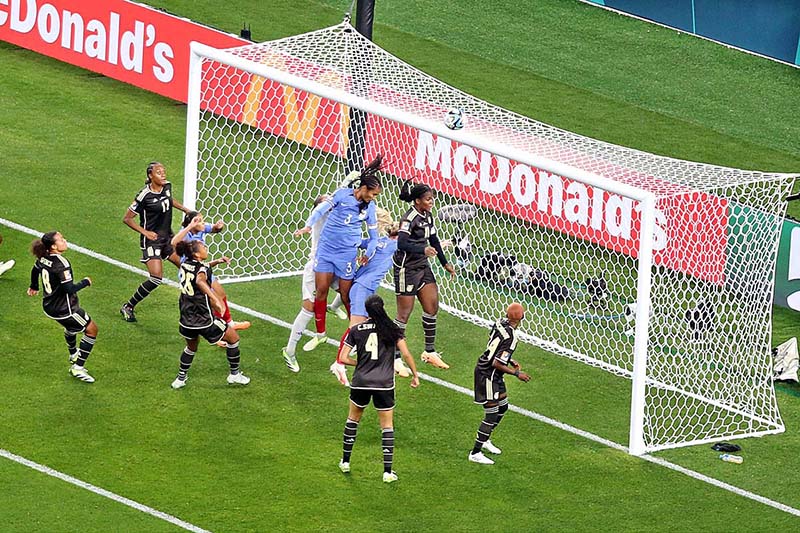 Players of France and Jamaica women football teams struggling to get hold on the ball during the FIFA Women's World Cup Australia & New Zealand 2023 at Sydney Football Stadium