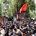 A large number of Shiite Muslims attend the 10th Muharram procession to mark Ashoura. Ashoura is the commemoration marking the Shahadat (death) of Hussein (AS), the grandson of the Prophet Muhammad (PBUH), with his family members and some of his companions massacred in battle of Karbala for the upright of Islam.