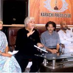 Climate march human rights commission of Pakistan Chairperson Asad Butt along with Sheema Kermani Pakistani dancer and social activist addressing Press Conference about the Climate Change at Karachi Press Club
