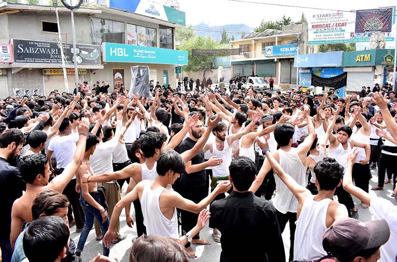 A large number of Shiite Muslims attend the 10th Muharram procession to mark Ashoura. Ashoura is the commemoration marking the Shahadat (death) of Hussein (AS), the grandson of the Prophet Muhammad (PBUH), with his family members and some of his companions massacred in battle of Karbala for the upright of Islam
