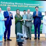 Minister for Poverty Alleviation and Social Protection Shazia Marri presenting a book on the 15 years journey of Benazir Income Support Program to Prime Minister Muhammad Shehbaz Sharif