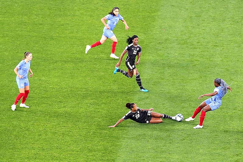 Players of France and Jamaica women football teams struggling to get hold on the ball during the FIFA Women's World Cup Australia & New Zealand 2023 at Sydney Football Stadium