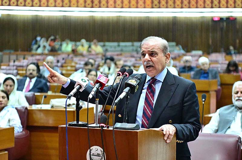 Prime Minister Muhammad Shehbaz Sharif addresses the joint session of the Parliament to condemn desecration of the Holy Quran in Sweden